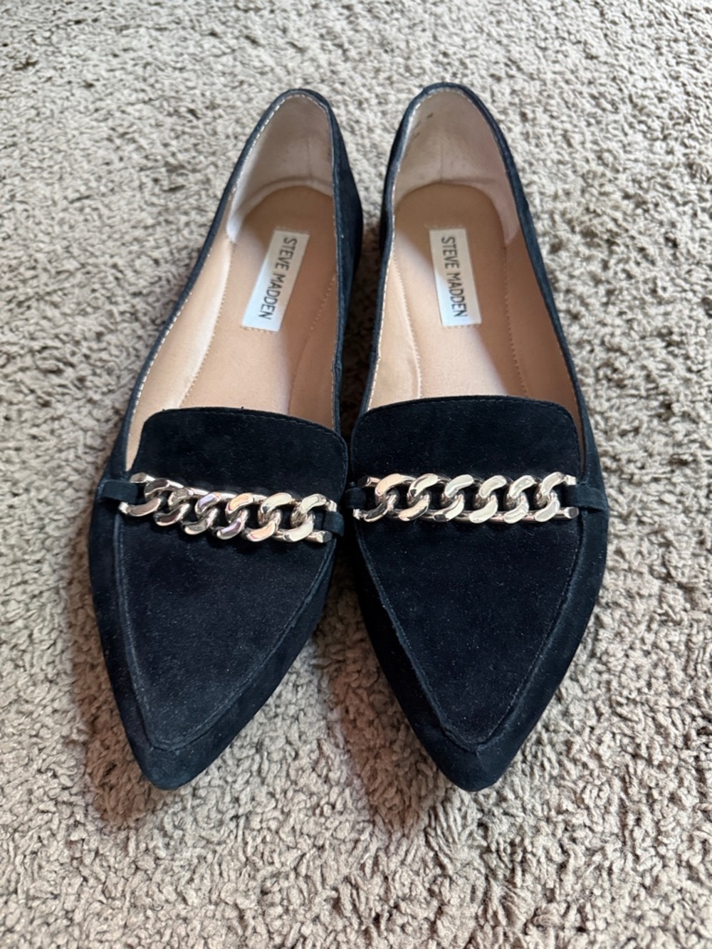 Steve Madden Black Suede Pointed Loafers with Gold Chain